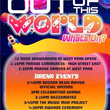 Bright, colorful carnival poster listing Bognor Regis event details and parade schedule on a space theme background: Bognor Regis Carnival 2024 Out of This World Celebration Date: Saturday 15th June Location: Bognor Regis Seafront & Town Centre Event Highlights: - Galaxy Parade kicks off at 1:00 PM from Canada Grove - Live music on the Cosmic Stage, from 2:30 PM - Funfair rides, street food stalls & artisan market - Spaceface painting and glitter tattoos for kids - Starship Dance Battle at the Bandstand, 4 PM Parade Schedule: 12:30 PM Line-up begins near Canada Grove Car Park 1:00 PM Parade departs (Canada Grove – The Esplanade – Waterloo Square) 2:00 PM Floats arrive at Seafront Arena for awards ceremony Dress up as your favorite astronaut or alien – prizes for best costume! Follow us on social media @BRCarnival2024 for updates. Entry is free – all ages welcome!.