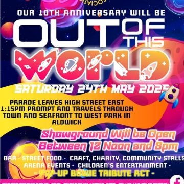 Bognor Regis Carnival poster with colorful space theme, event details, and Out of This World in large text.