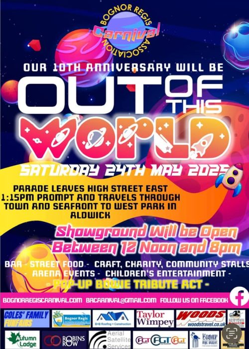 Bognor Regis Carnival poster with colorful space theme, event details, and Out of This World in large text.