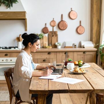 Woman working on a laptop at a wooden kitchen table with papers, fruit, and pastries nearby.
