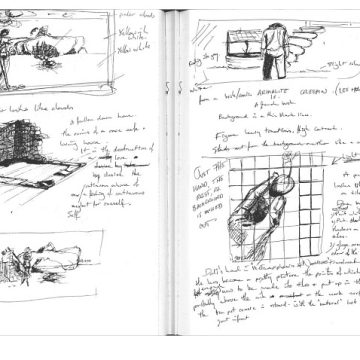 Open sketchbook showing detailed black ink landscape sketches and handwritten notes filling both pages.