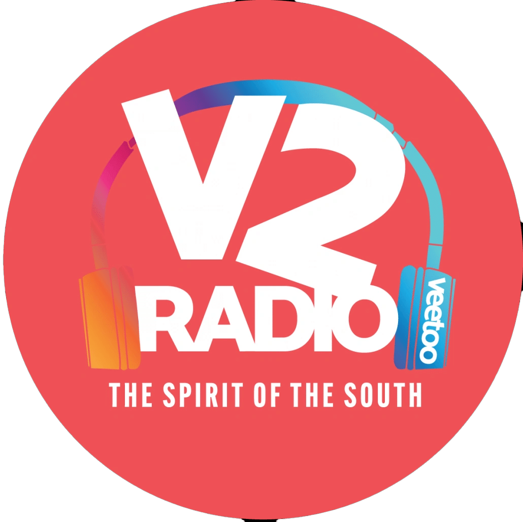 White text V2RADIO on a solid bright red background.